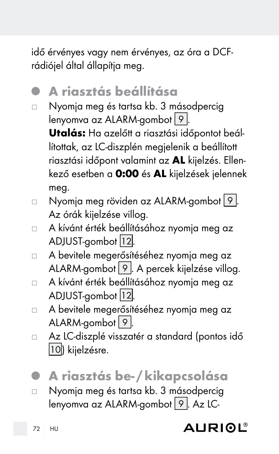 A riasztás beállítása, A riasztás be- / kikapcsolása | Auriol Z29962E_F User Manual | Page 72 / 212