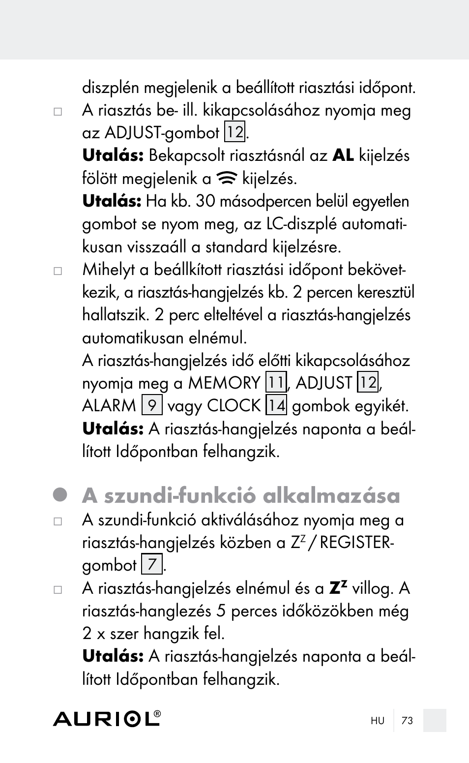 A szundi-funkció alkalmazása | Auriol Z29962E_F User Manual | Page 73 / 212