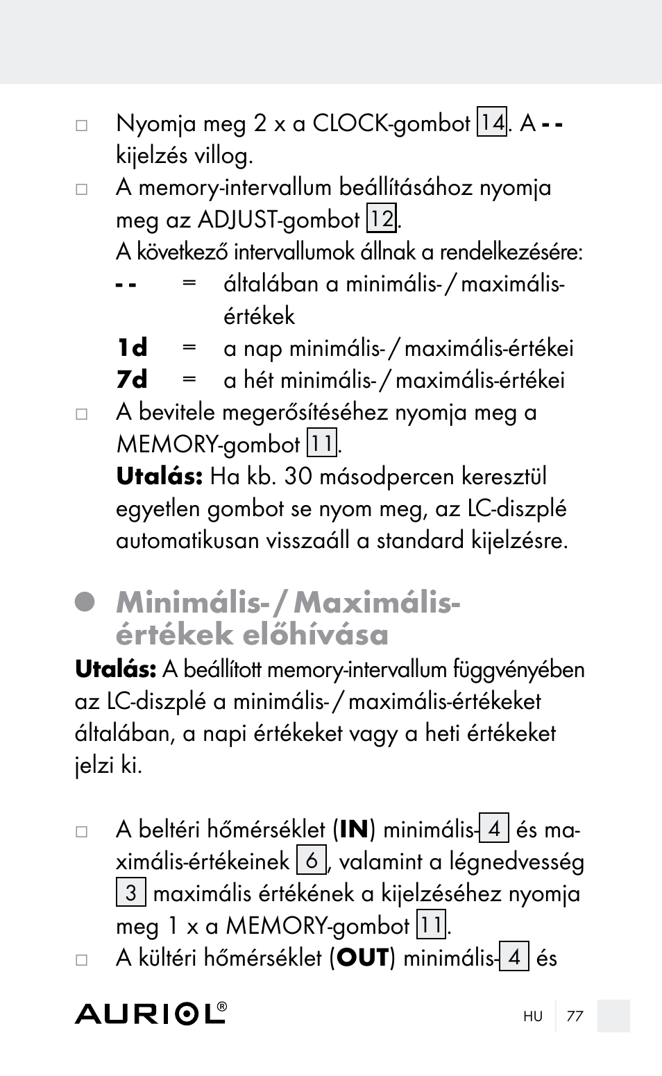 Minimális- / maximális- értékek előhívása | Auriol Z29962E_F User Manual | Page 77 / 212