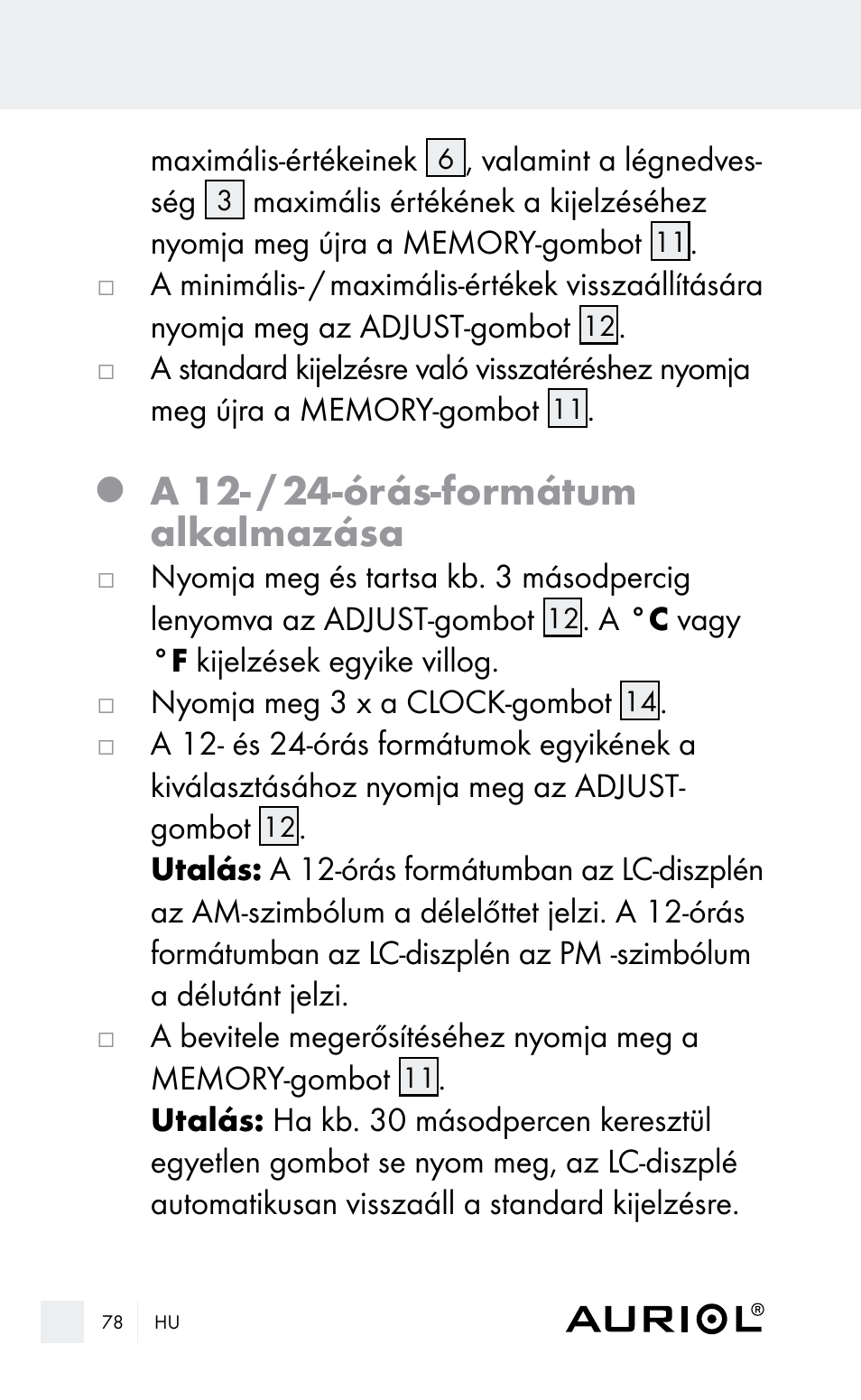 A 12- / 24-órás-formátum alkalmazása | Auriol Z29962E_F User Manual | Page 78 / 212