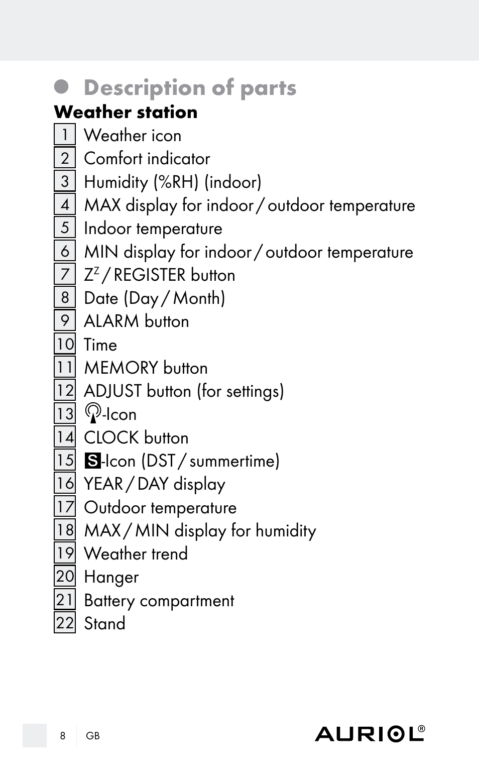 Description of parts | Auriol Z29962E_F User Manual | Page 8 / 212