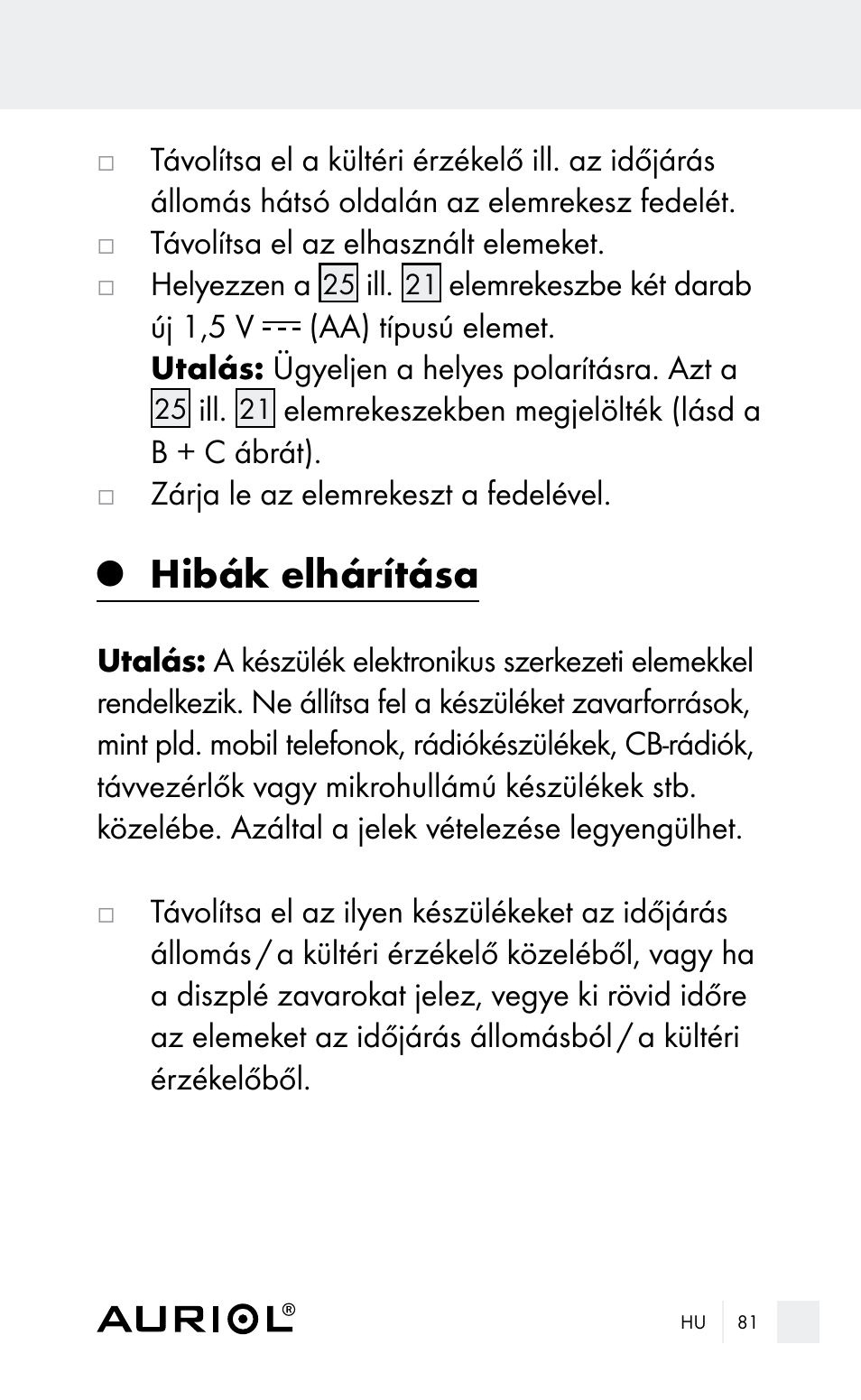 Hibák elhárítása | Auriol Z29962E_F User Manual | Page 81 / 212