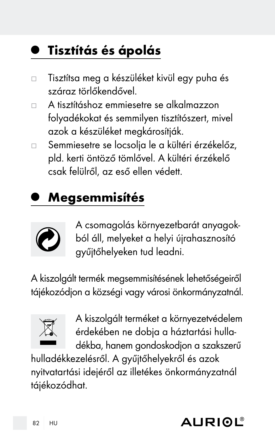 Tisztítás és ápolás, Megsemmisítés | Auriol Z29962E_F User Manual | Page 82 / 212