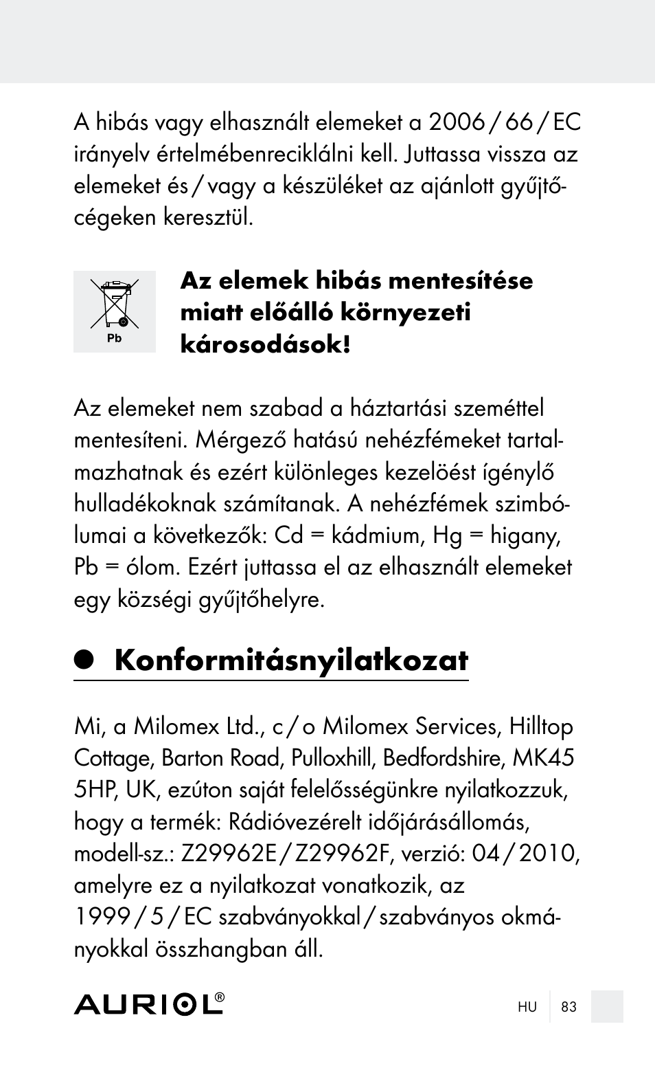 Konformitásnyilatkozat | Auriol Z29962E_F User Manual | Page 83 / 212