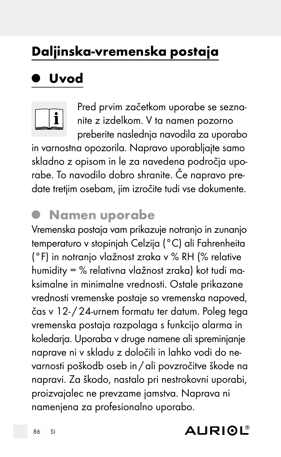 Daljinska-vremenska postaja, Uvod, Namen uporabe | Auriol Z29962E_F User Manual | Page 86 / 212