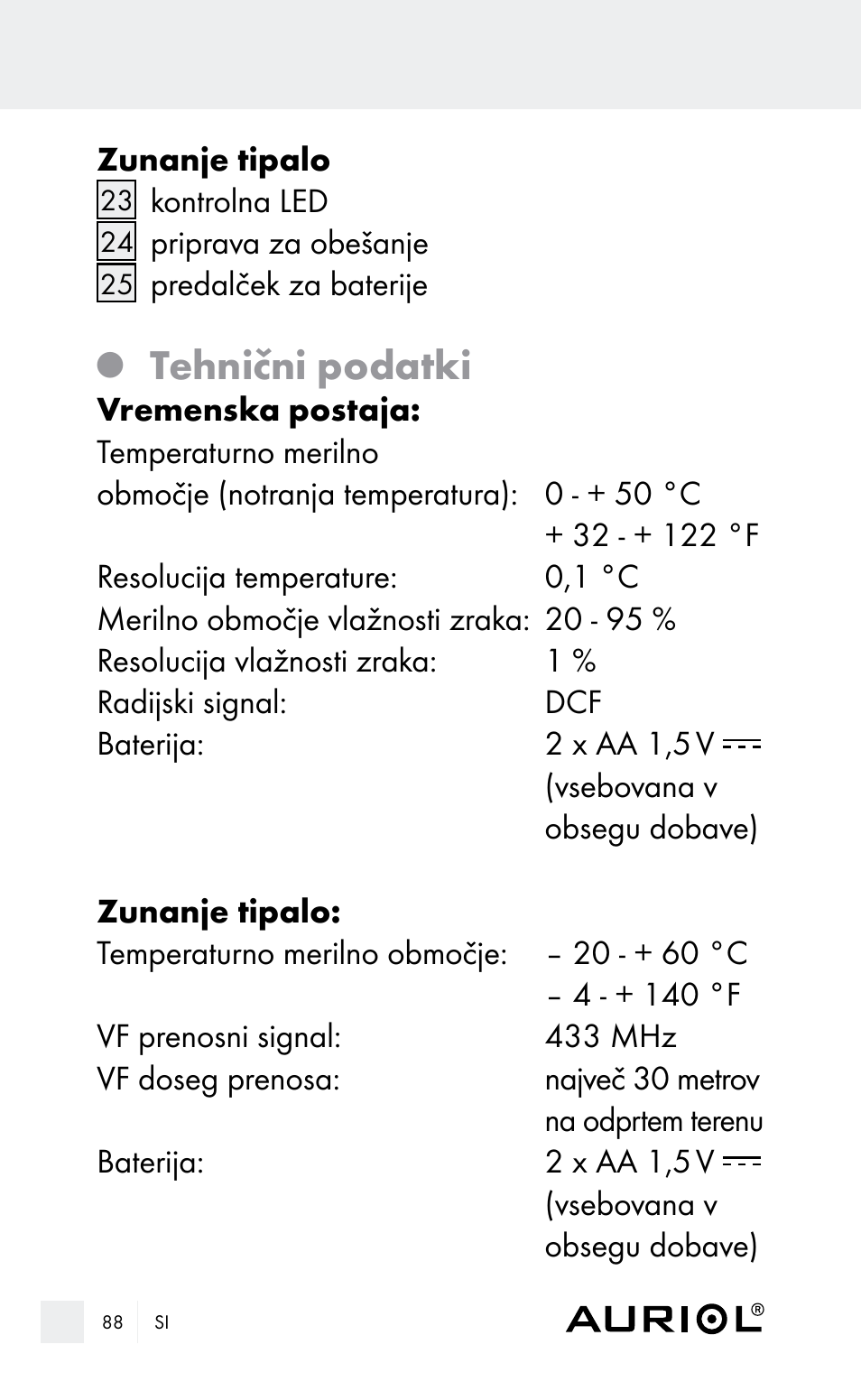 Tehnični podatki | Auriol Z29962E_F User Manual | Page 88 / 212