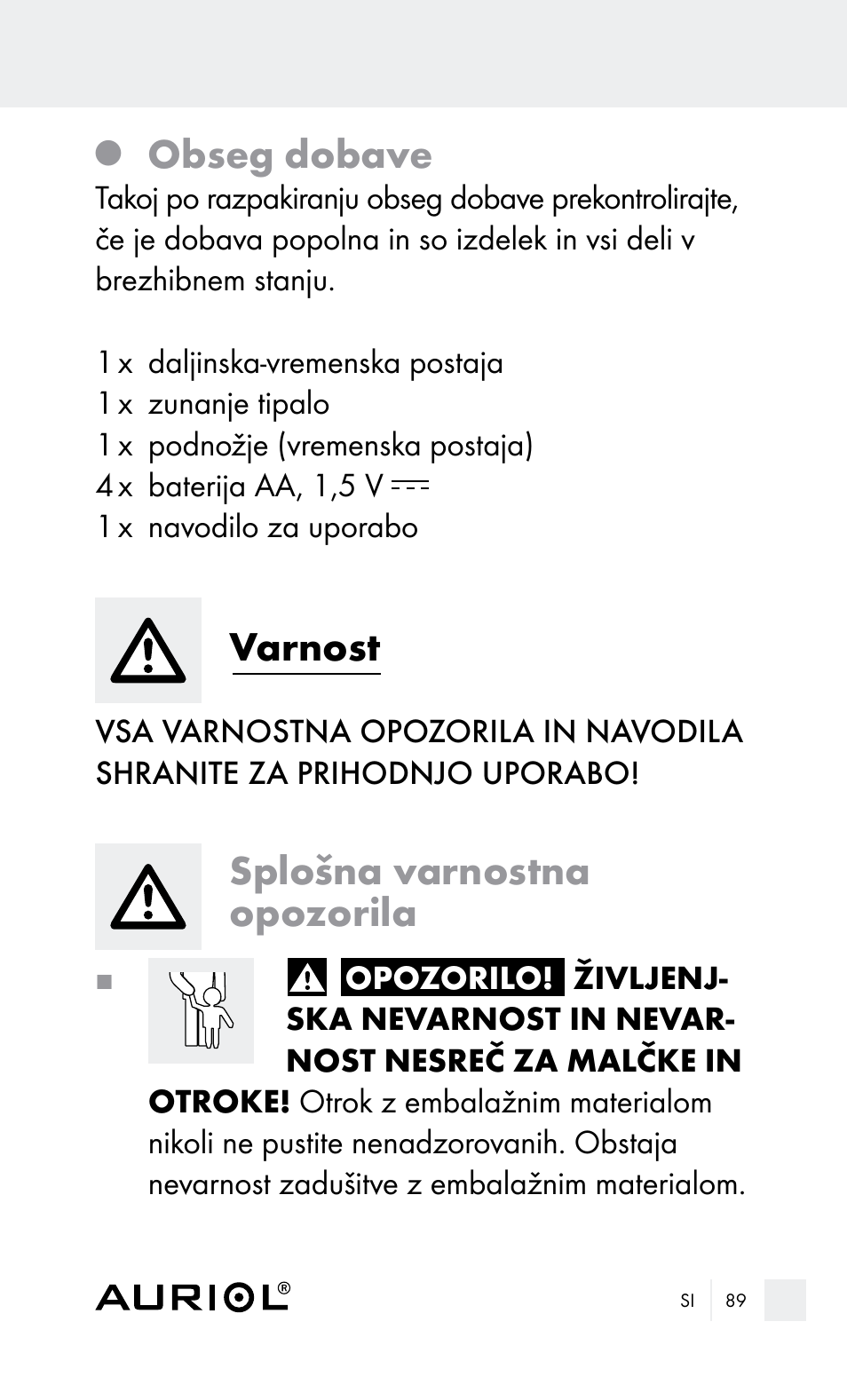 Obseg dobave, Varnost, Splošna varnostna opozorila | Auriol Z29962E_F User Manual | Page 89 / 212