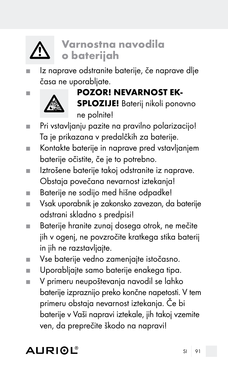 Varnostna navodila o baterijah | Auriol Z29962E_F User Manual | Page 91 / 212