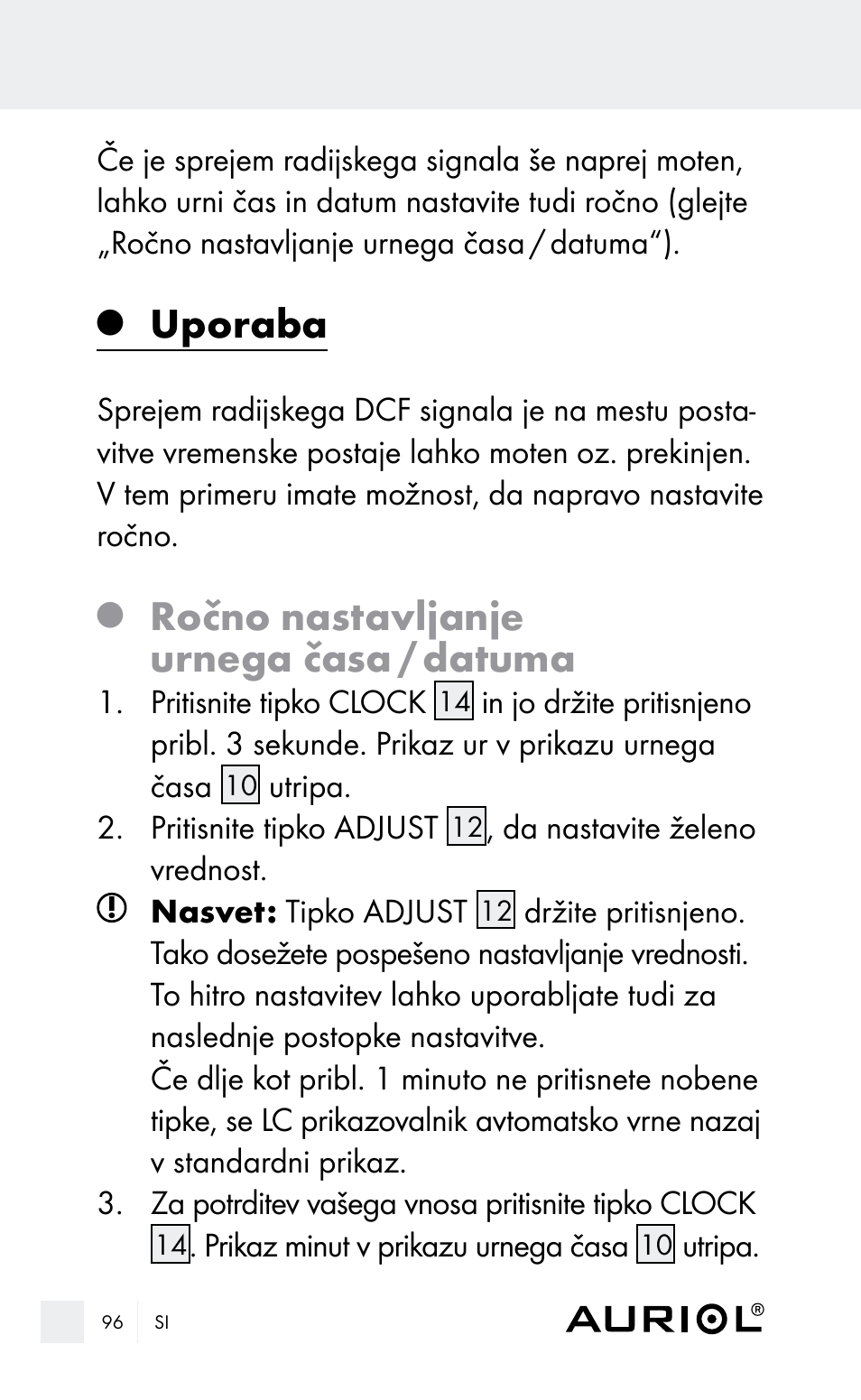 Uporaba, Ročno nastavljanje urnega časa / datuma | Auriol Z29962E_F User Manual | Page 96 / 212