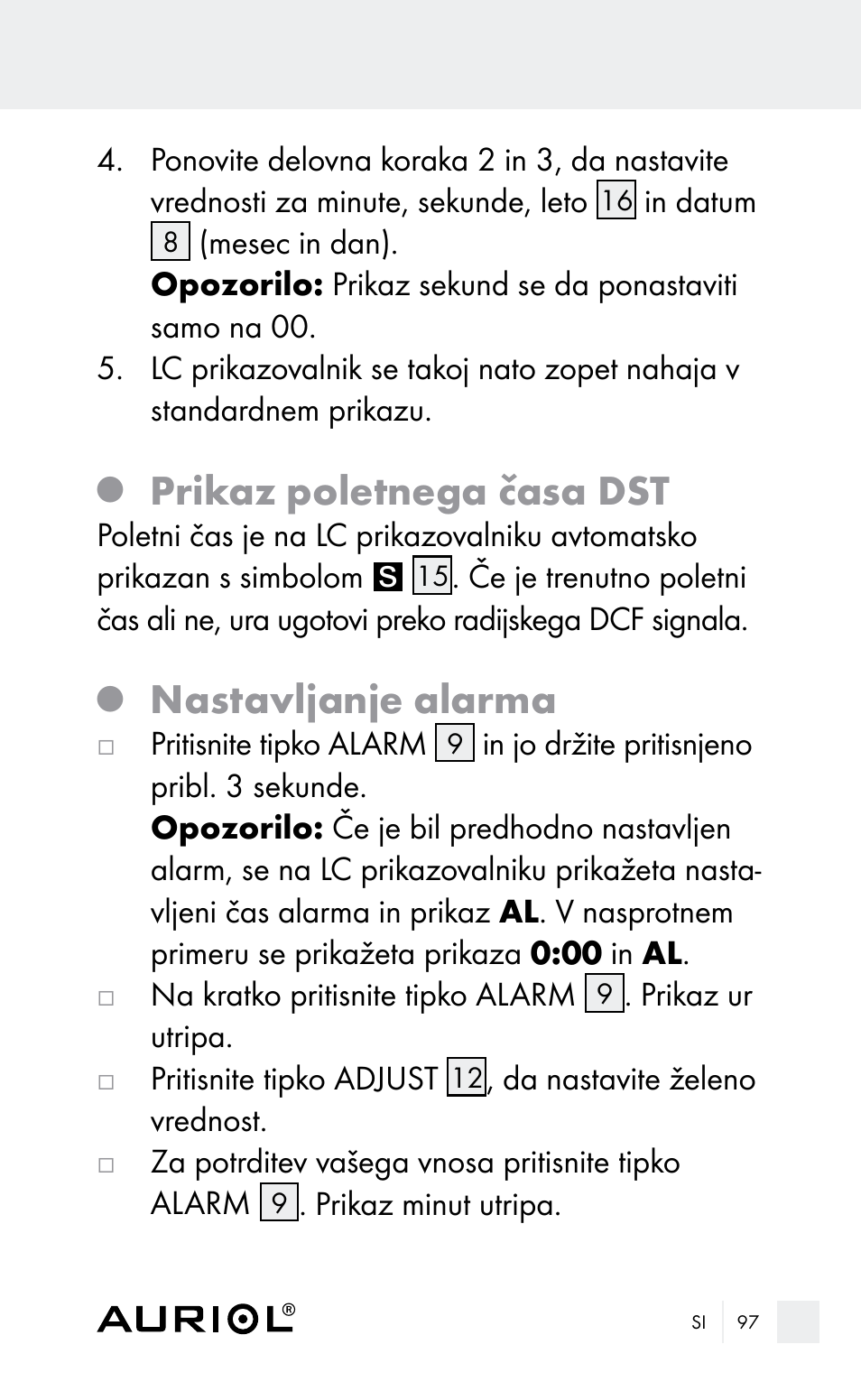 Prikaz poletnega časa dst, Nastavljanje alarma | Auriol Z29962E_F User Manual | Page 97 / 212