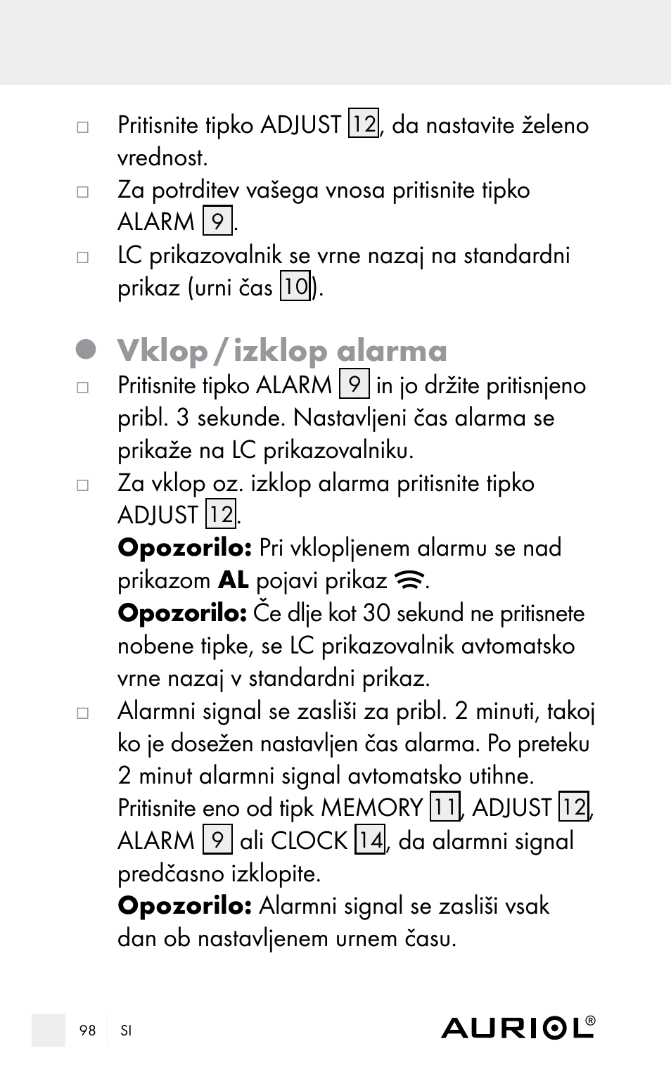 Vklop / izklop alarma | Auriol Z29962E_F User Manual | Page 98 / 212