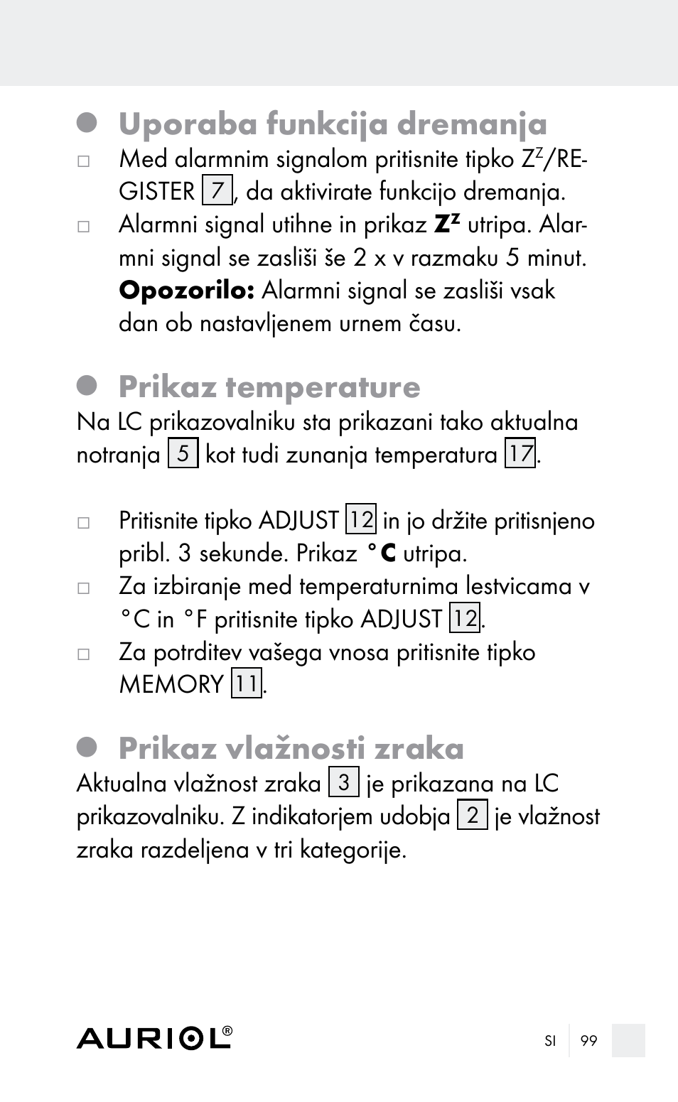 Uporaba funkcija dremanja, Prikaz temperature, Prikaz vlažnosti zraka | Auriol Z29962E_F User Manual | Page 99 / 212