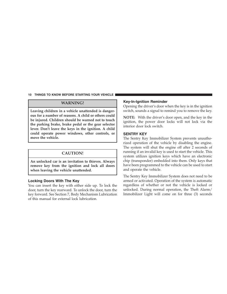 Locking doors with the key, Key-in-ignition reminder, Sentry key | Dodge 2005 PL Neon SRT4 User Manual | Page 10 / 216