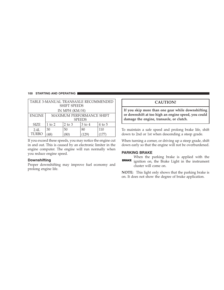 Downshifting, Parking brake | Dodge 2005 PL Neon SRT4 User Manual | Page 100 / 216