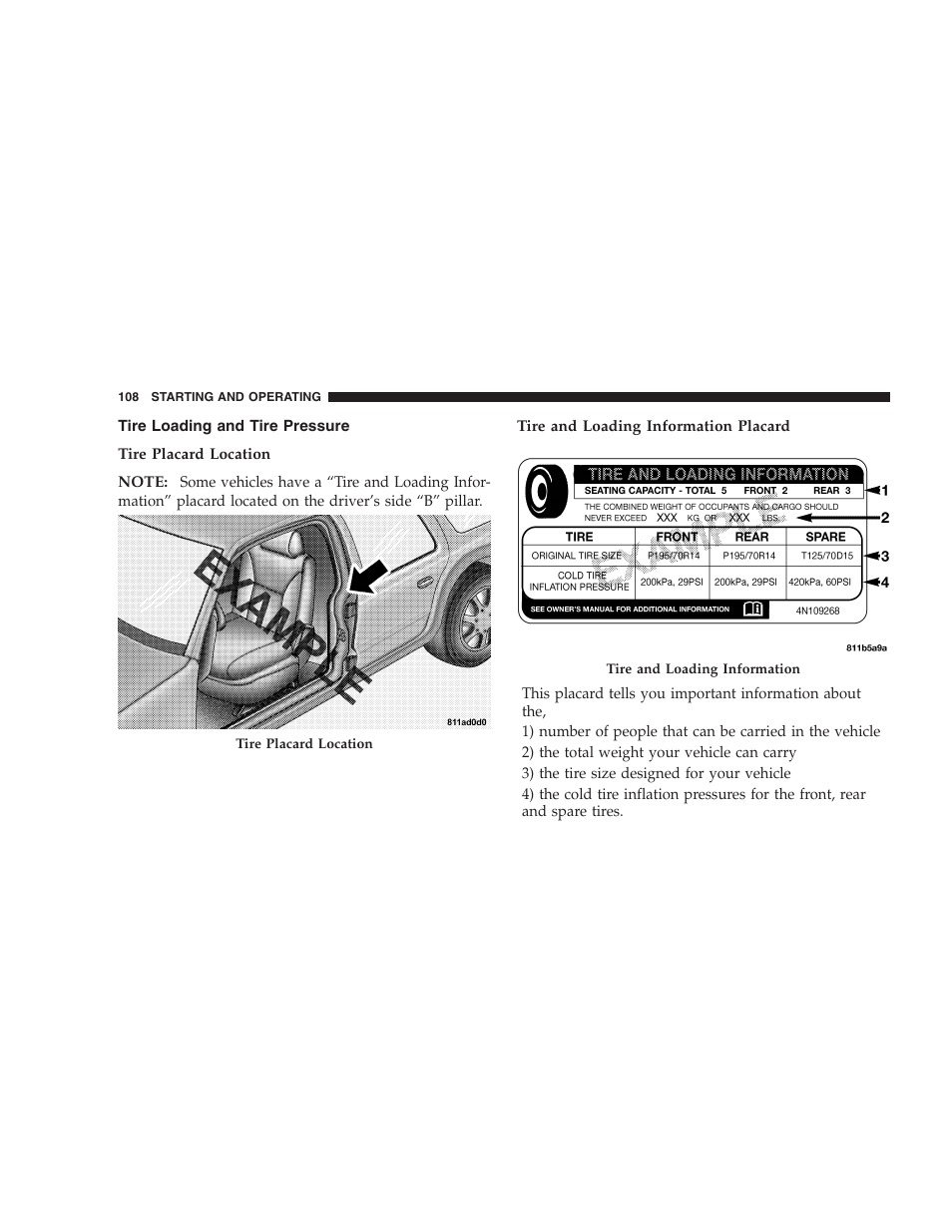 Tire loading and tire pressure | Dodge 2005 PL Neon SRT4 User Manual | Page 108 / 216