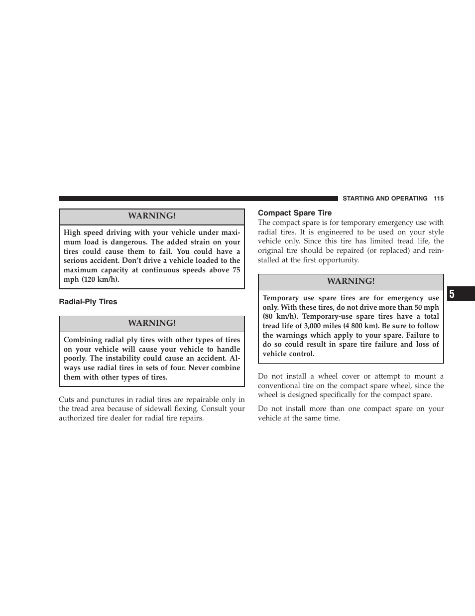 Radial-ply tires, Compact spare tire | Dodge 2005 PL Neon SRT4 User Manual | Page 115 / 216