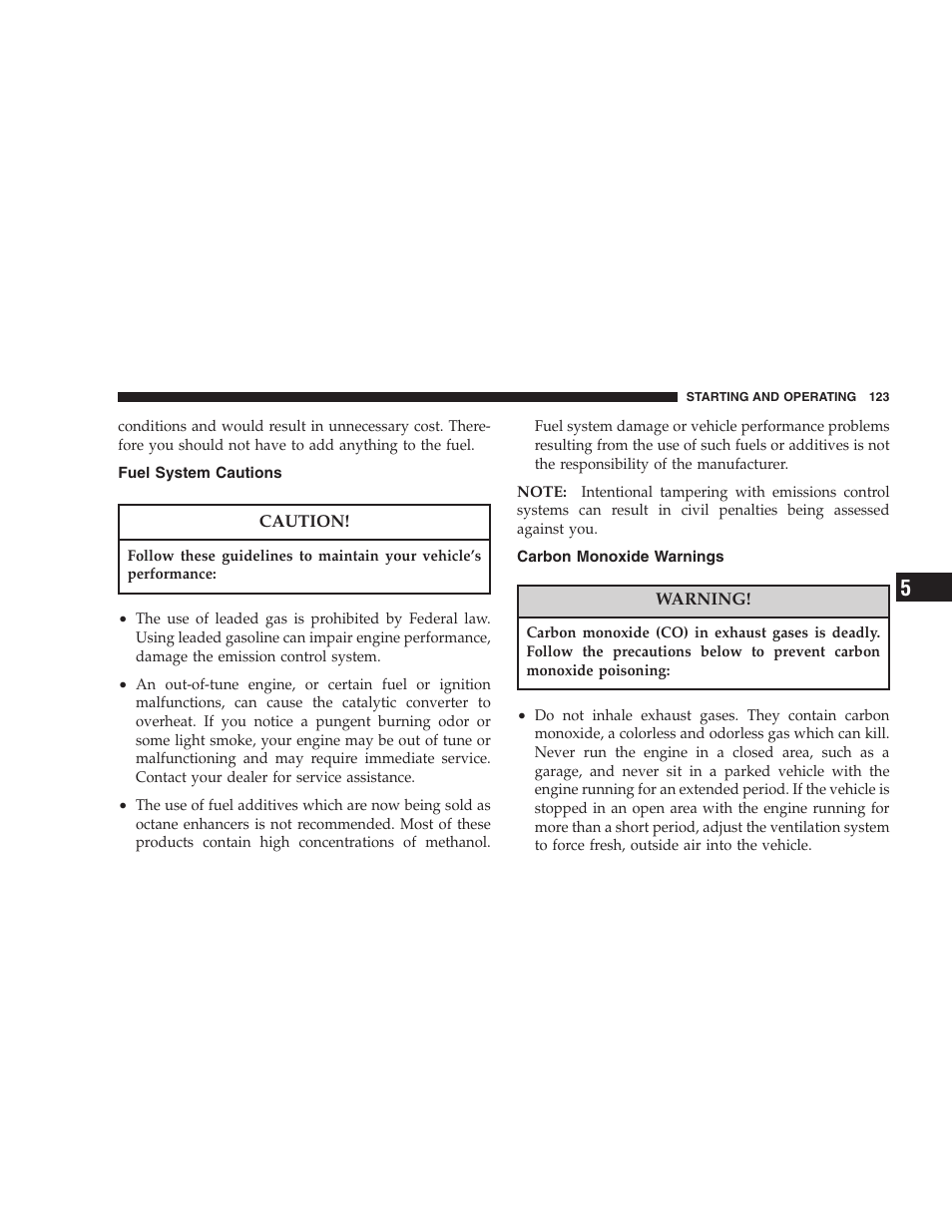 Fuel system cautions, Carbon monoxide warnings | Dodge 2005 PL Neon SRT4 User Manual | Page 123 / 216