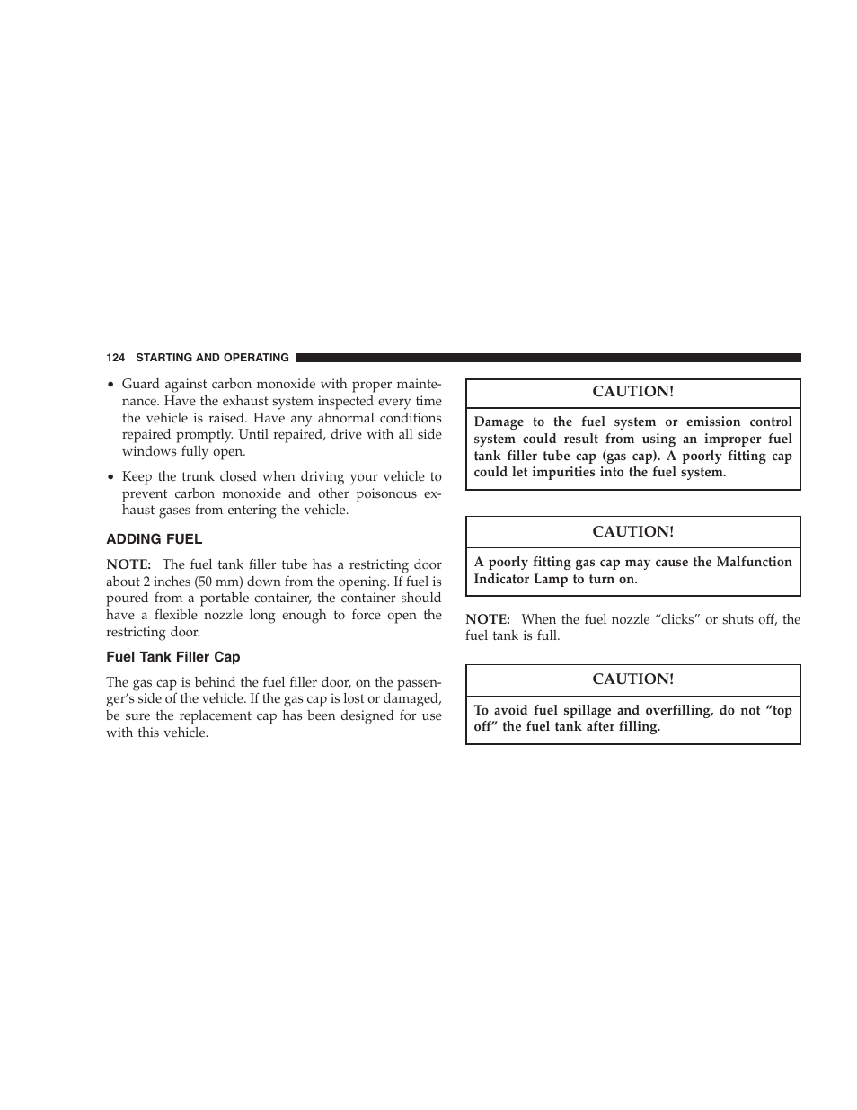 Adding fuel, Fuel tank filler cap | Dodge 2005 PL Neon SRT4 User Manual | Page 124 / 216