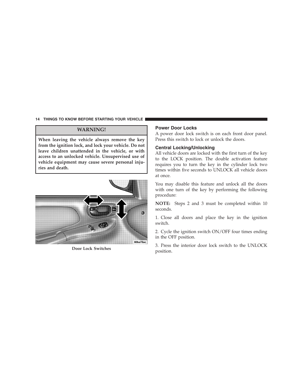 Power door locks, Central locking/unlocking | Dodge 2005 PL Neon SRT4 User Manual | Page 14 / 216