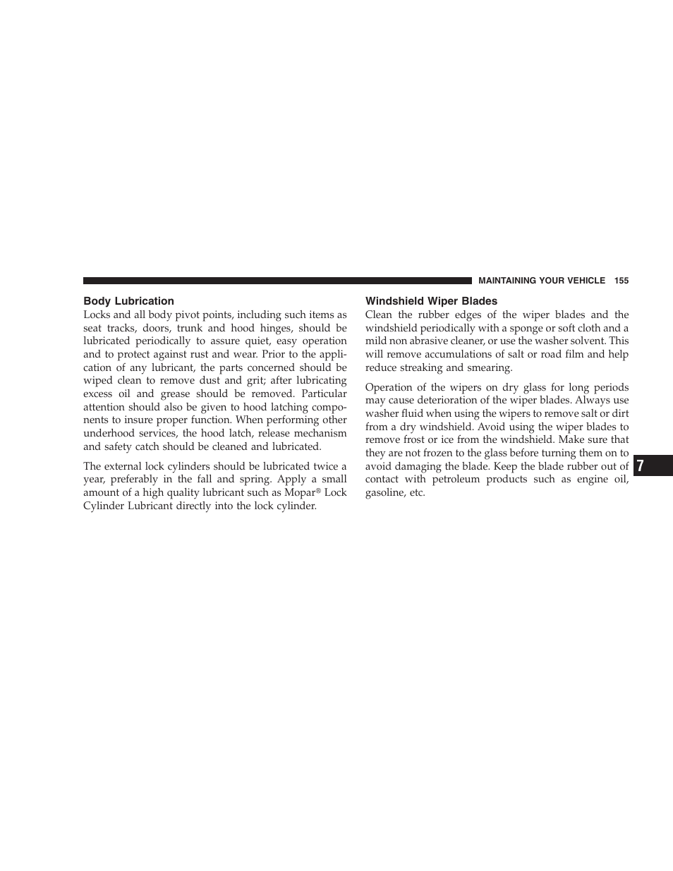 Body lubrication, Windshield wiper blades | Dodge 2005 PL Neon SRT4 User Manual | Page 155 / 216