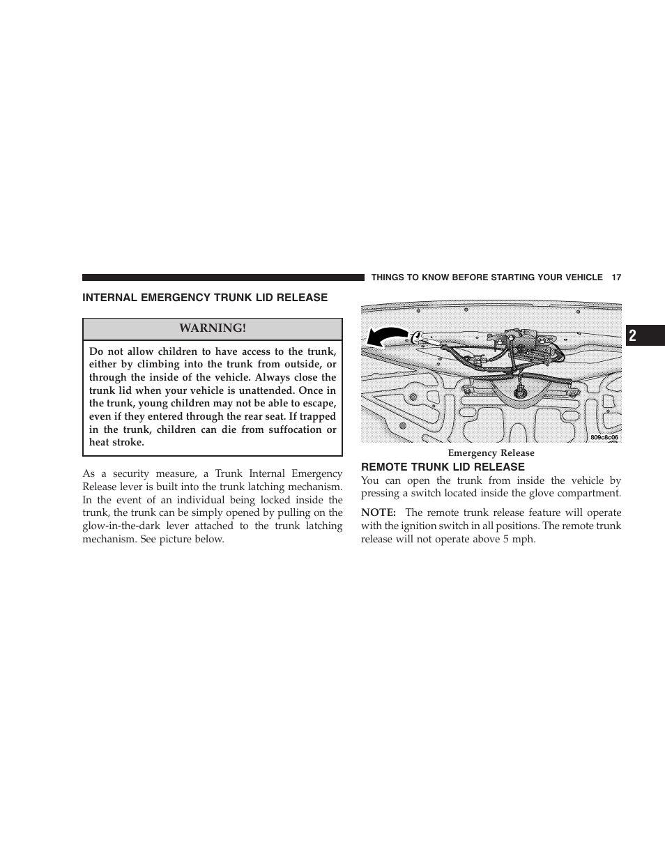 Internal emergency trunk lid release, Remote trunk lid release | Dodge 2005 PL Neon SRT4 User Manual | Page 17 / 216