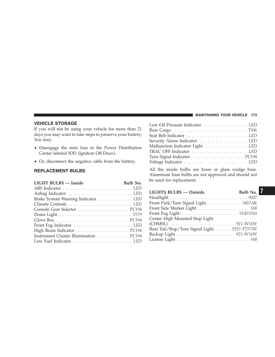 Vehicle storage, Replacement bulbs | Dodge 2005 PL Neon SRT4 User Manual | Page 173 / 216