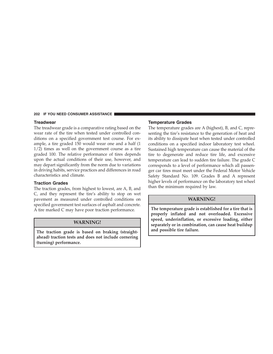 Treadwear, Traction grades, Temperature grades | Dodge 2005 PL Neon SRT4 User Manual | Page 202 / 216