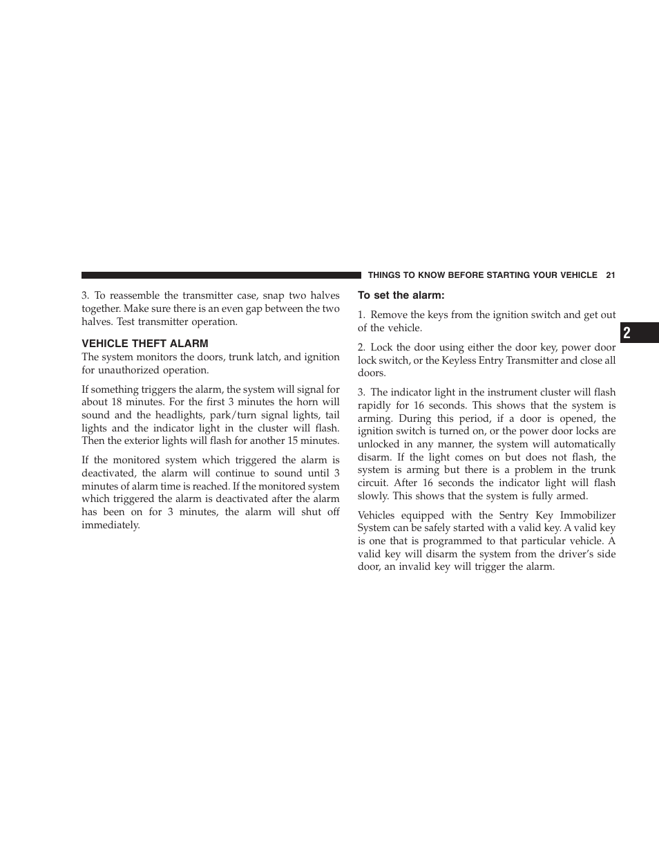 Vehicle theft alarm, To set the alarm | Dodge 2005 PL Neon SRT4 User Manual | Page 21 / 216