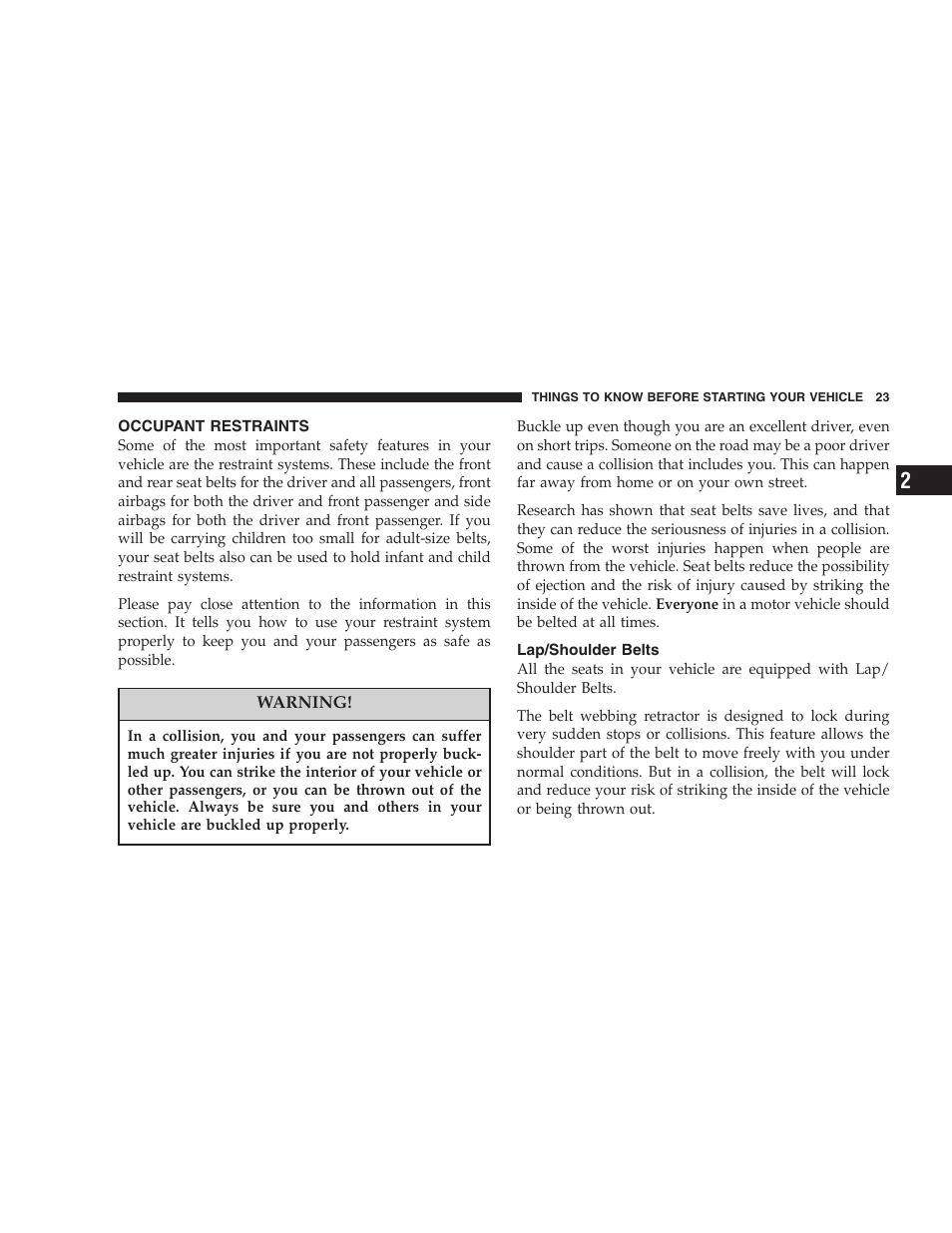 Occupant restraints, Lap/shoulder belts | Dodge 2005 PL Neon SRT4 User Manual | Page 23 / 216
