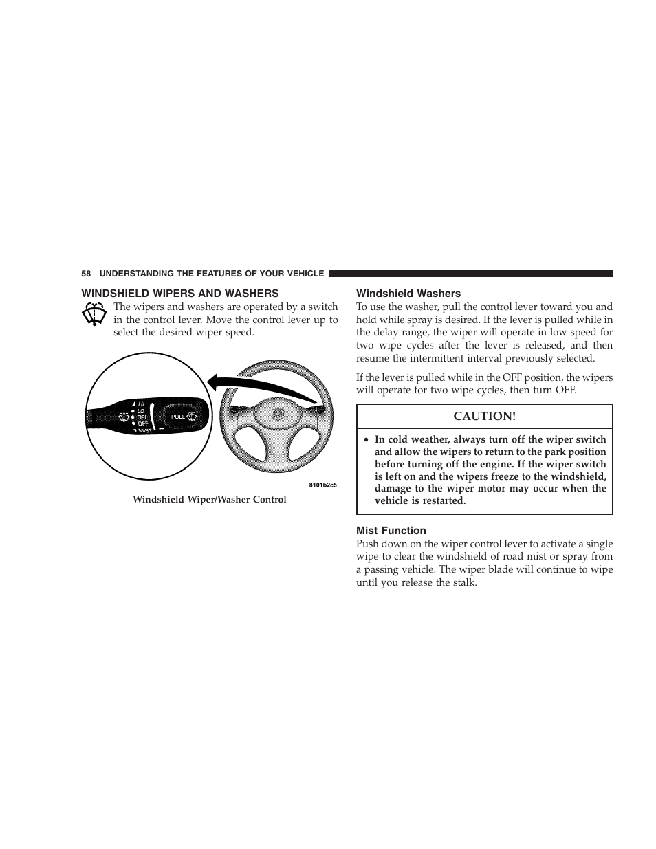 Windshield wipers and washers, Windshield washers, Mist function | Dodge 2005 PL Neon SRT4 User Manual | Page 58 / 216