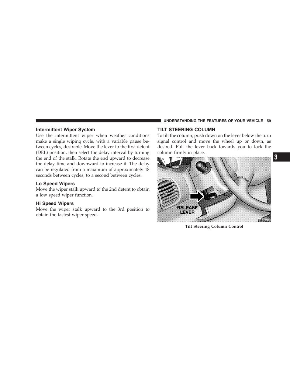 Intermittent wiper system, Lo speed wipers, Hi speed wipers | Tilt steering column | Dodge 2005 PL Neon SRT4 User Manual | Page 59 / 216