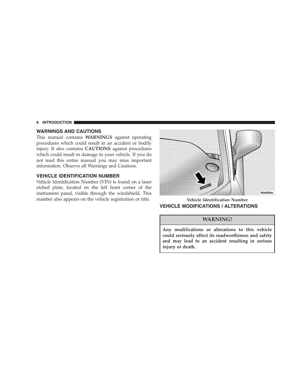 Warnings and cautions, Vehicle identification number, Vehicle modifications / alterations | Dodge 2005 PL Neon SRT4 User Manual | Page 6 / 216