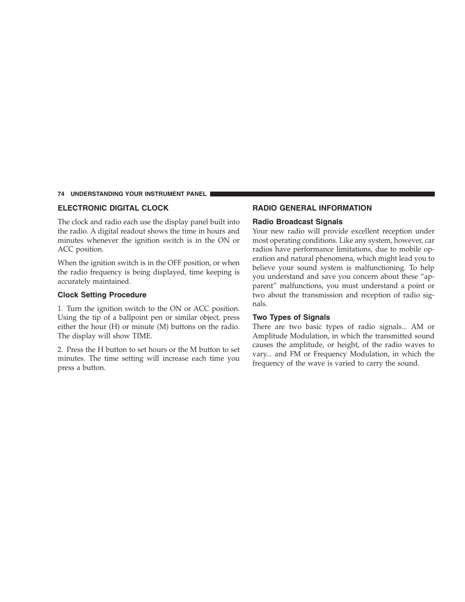 Electronic digital clock, Clock setting procedure, Radio general information | Radio broadcast signals, Two types of signals | Dodge 2005 PL Neon SRT4 User Manual | Page 74 / 216