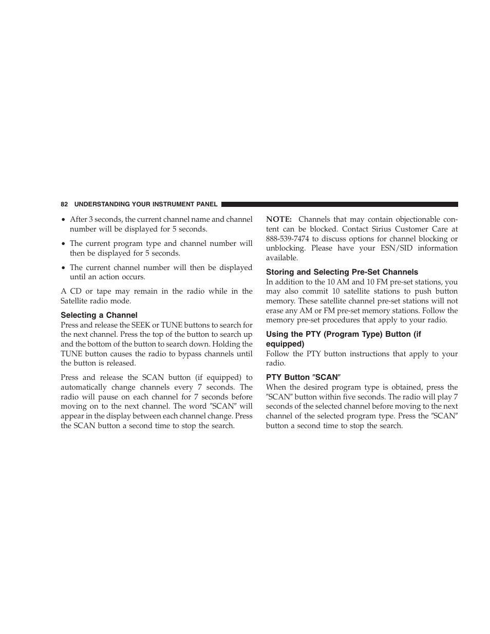 Selecting a channel, Storing and selecting pre-set channels, Using the pty (program type) button | If equipped), Pty button љscanљ | Dodge 2005 PL Neon SRT4 User Manual | Page 82 / 216