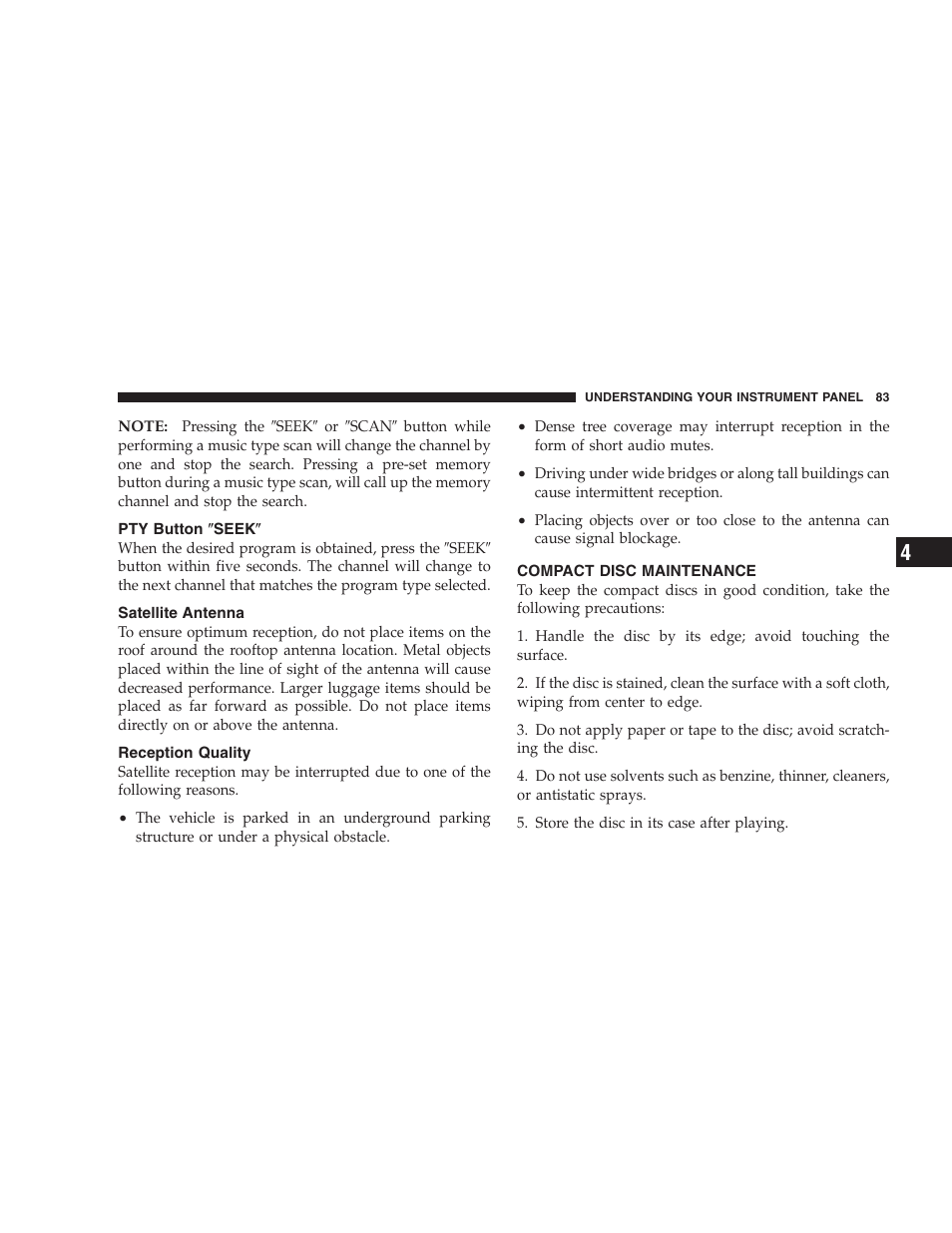 Pty button љseekљ, Satellite antenna, Reception quality | Compact disc maintenance | Dodge 2005 PL Neon SRT4 User Manual | Page 83 / 216