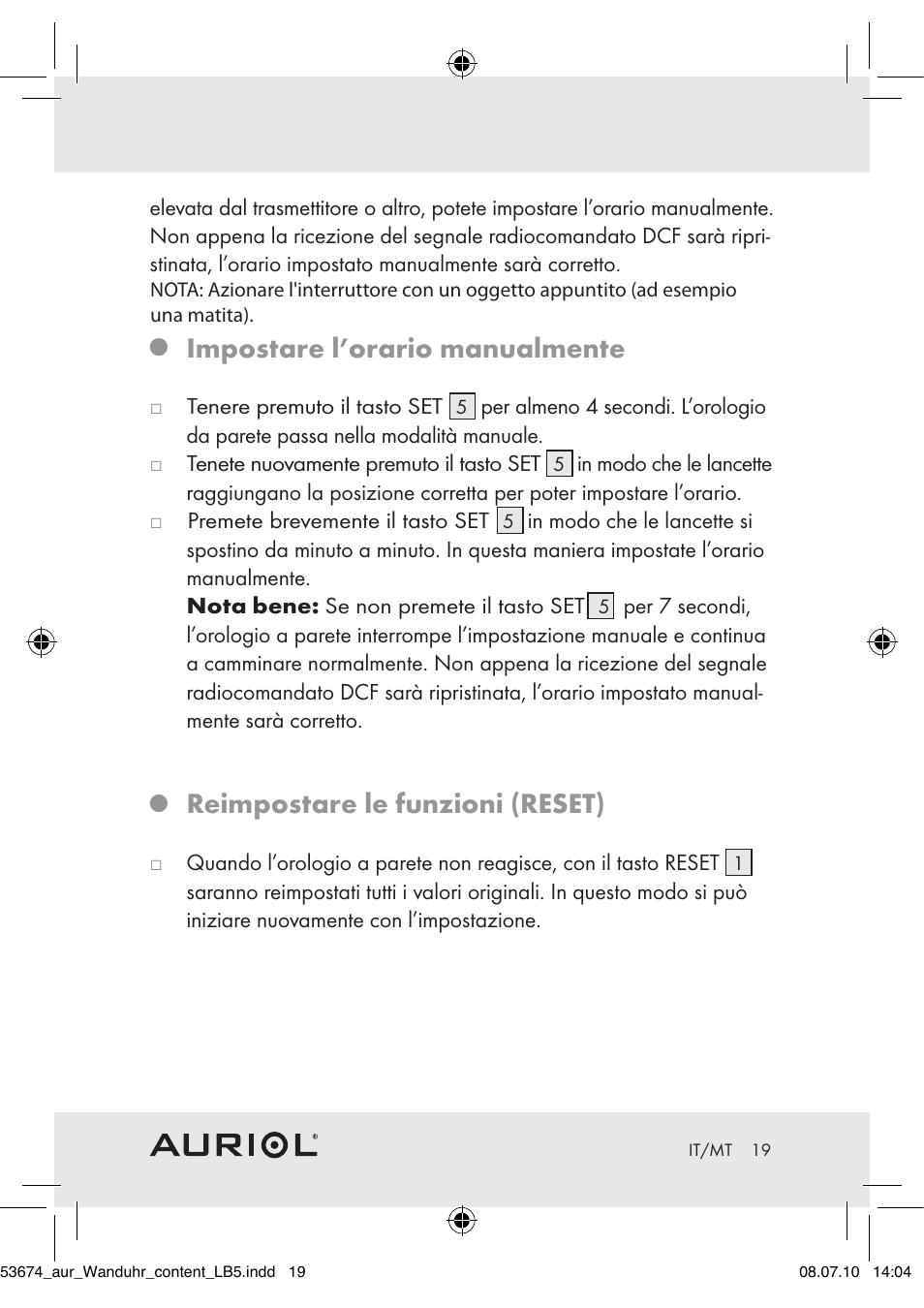 Impostare l’orario manualmente, Reimpostare le funzioni (reset) | Auriol Z30300A_B User Manual | Page 17 / 47
