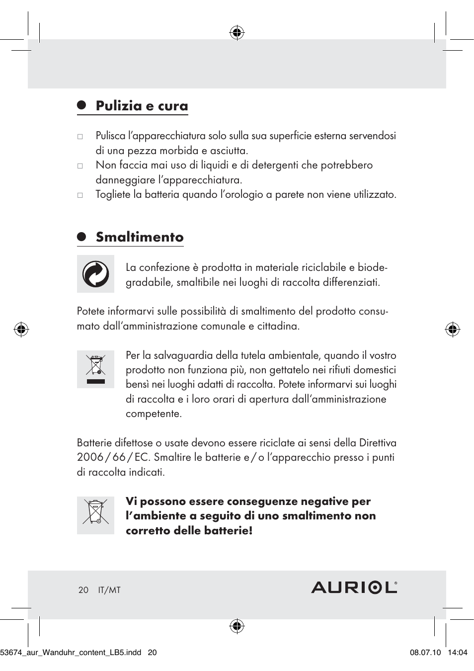 Pulizia e cura, Smaltimento | Auriol Z30300A_B User Manual | Page 18 / 47