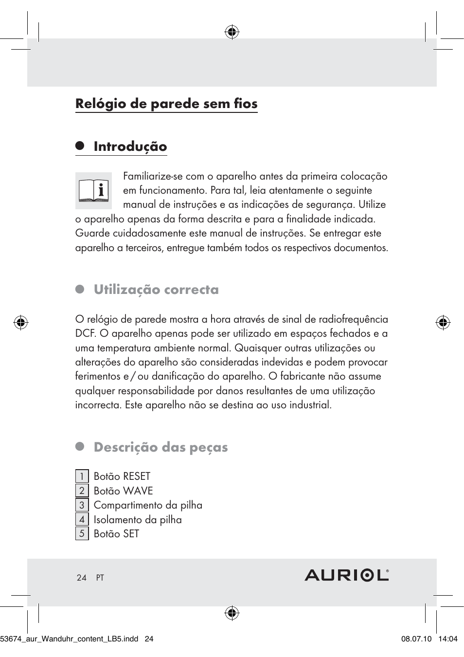 Relógio de parede sem ﬁos, Introdução, Utilização correcta | Descrição das peças | Auriol Z30300A_B User Manual | Page 22 / 47