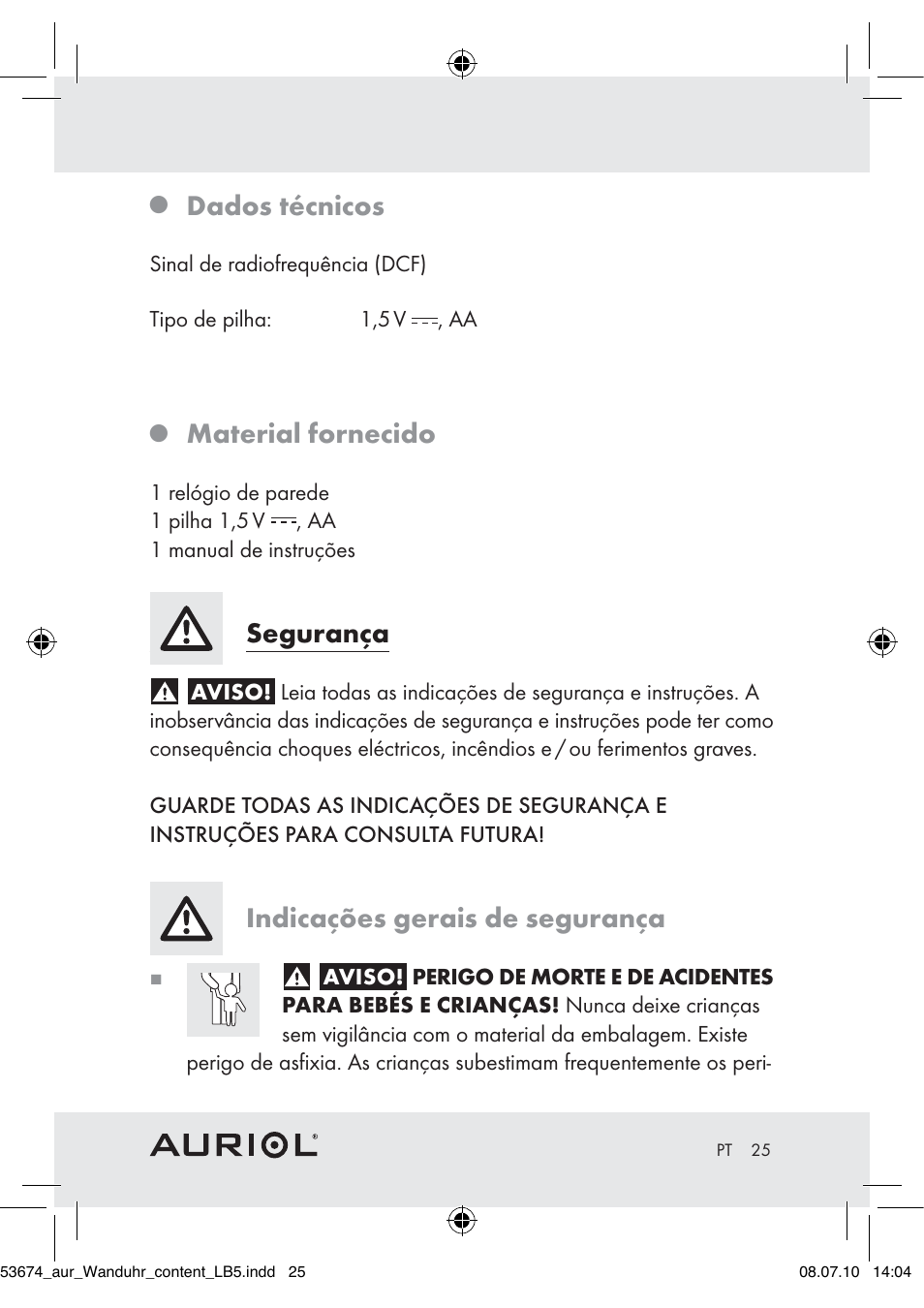 Dados técnicos, Material fornecido, Segurança | Indicações gerais de segurança | Auriol Z30300A_B User Manual | Page 23 / 47