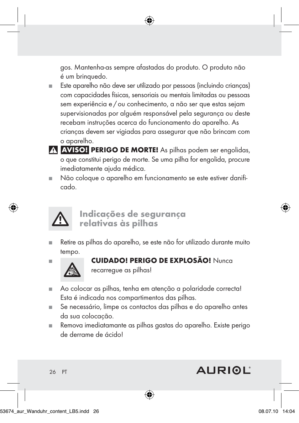 Indicações de segurança relativas às pilhas | Auriol Z30300A_B User Manual | Page 24 / 47