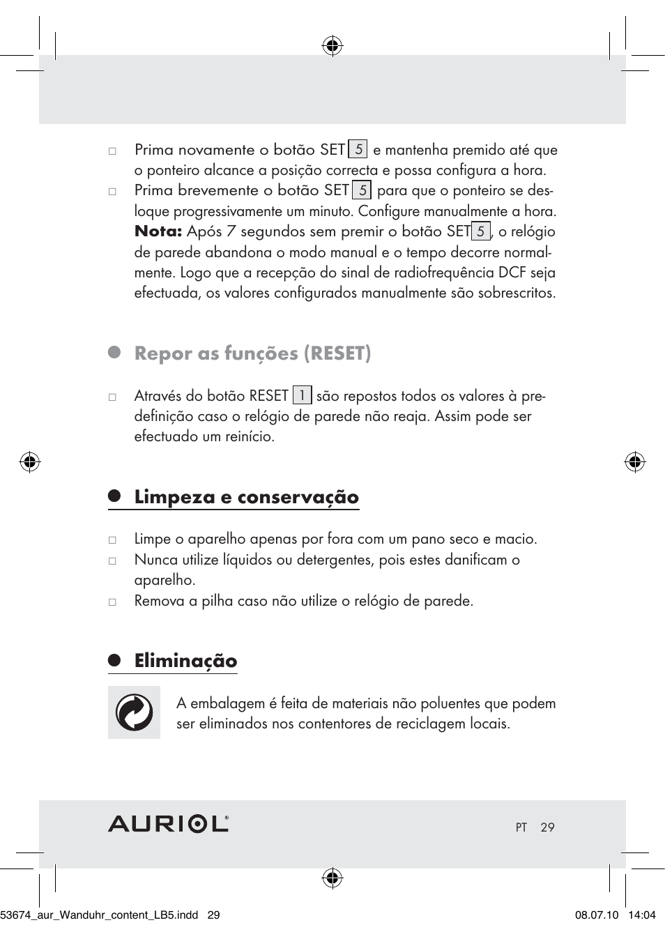 Repor as funções (reset), Limpeza e conservação, Eliminação | Auriol Z30300A_B User Manual | Page 27 / 47