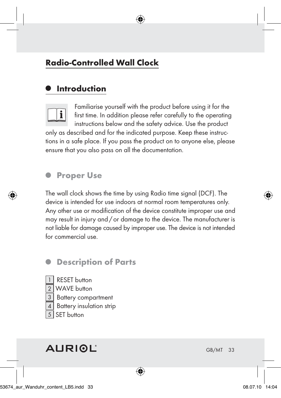 Radio-controlled wall clock, Introduction, Proper use | Description of parts | Auriol Z30300A_B User Manual | Page 31 / 47