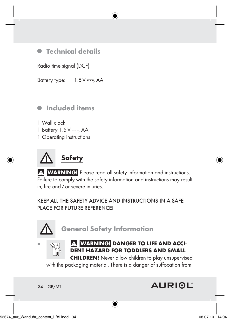 Technical details, Included items, Safety | General safety information | Auriol Z30300A_B User Manual | Page 32 / 47