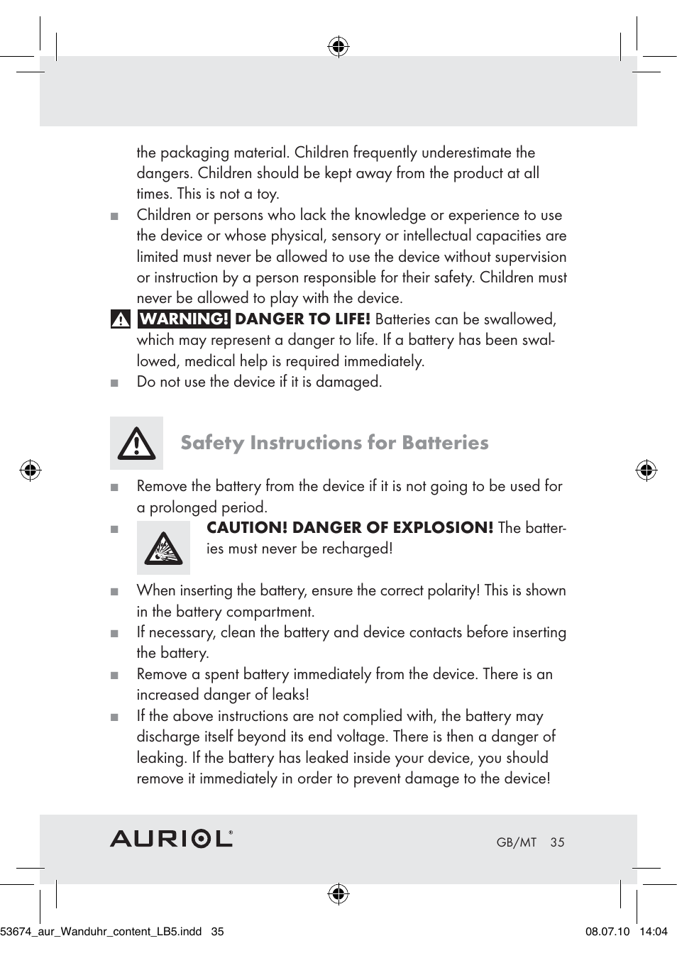 Safety instructions for batteries | Auriol Z30300A_B User Manual | Page 33 / 47