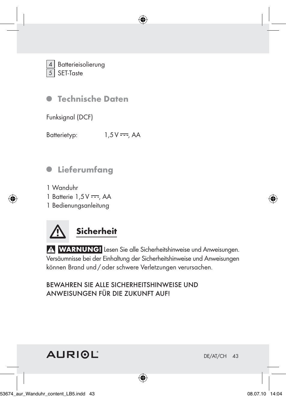 Technische daten, Lieferumfang, Sicherheit | Auriol Z30300A_B User Manual | Page 41 / 47