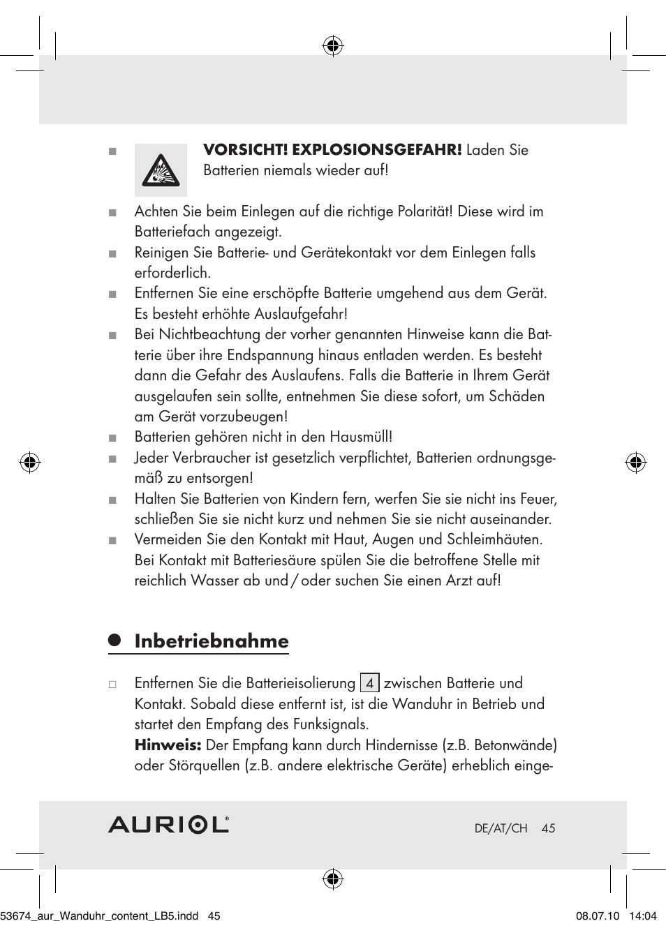 Inbetriebnahme | Auriol Z30300A_B User Manual | Page 43 / 47