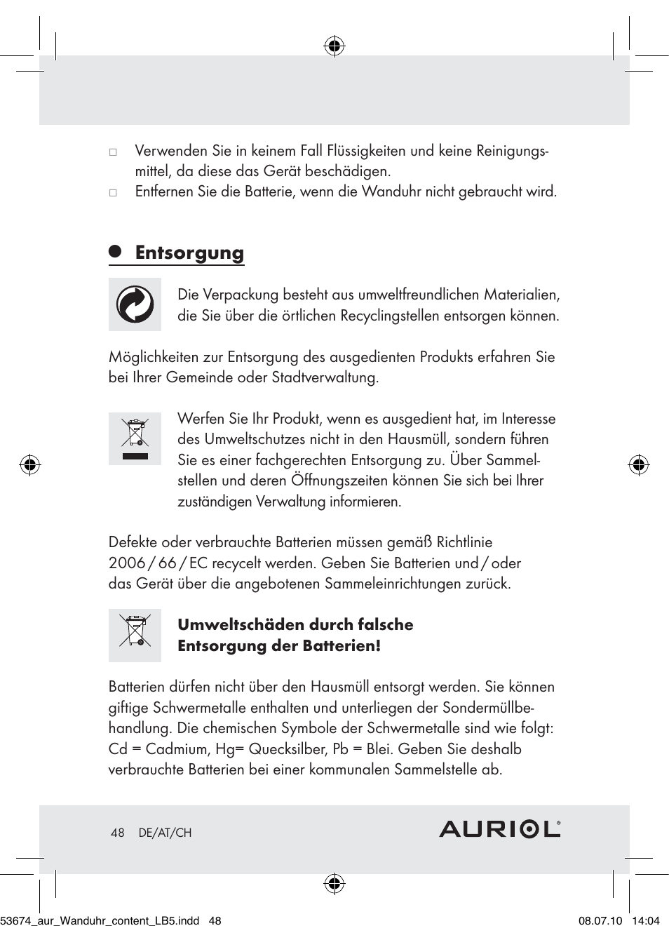 Entsorgung | Auriol Z30300A_B User Manual | Page 46 / 47