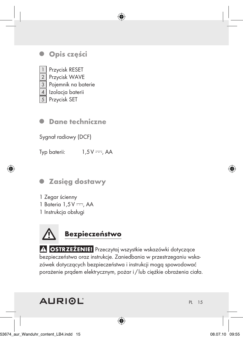 Opis części, Dane techniczne, Zasięg dostawy | Bezpieczeństwo | Auriol Z30300A_B User Manual | Page 13 / 65
