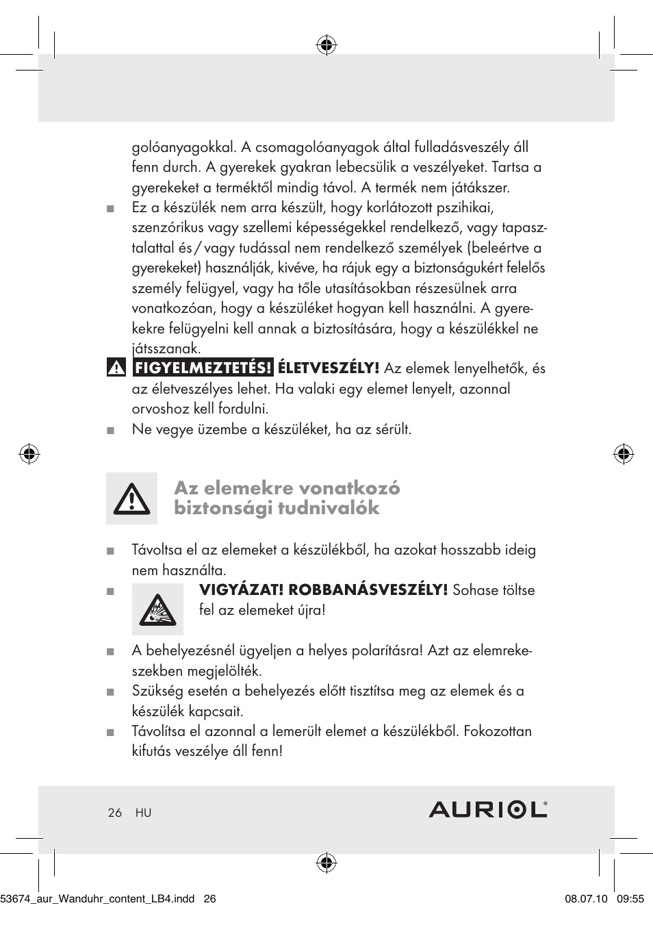 Az elemekre vonatkozó biztonsági tudnivalók | Auriol Z30300A_B User Manual | Page 24 / 65