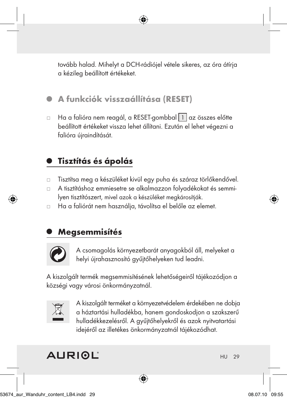 A funkciók visszaállítása (reset), Tisztítás és ápolás, Megsemmisítés | Auriol Z30300A_B User Manual | Page 27 / 65